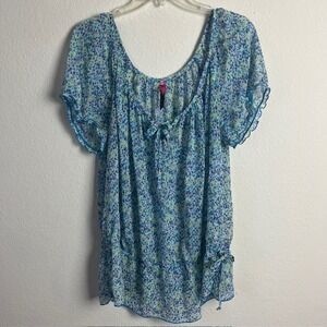 Floral Sheer Blouse Size XXL Blue Green Tie Detail‎ Ruffle Sleeve Top